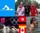 Men's marathon 10 kilometre swimming podium, Oussama Mellouli (Tunisia), Thomas Lurz (Germany) and Richard Weinberger (Canada), London 2012