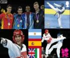 Podium Taekwondo -80 kg men's, Sebastián Crismanich (Argentina), Nicolás García Hemme (Spain), Lutalo Muhammad (United Kingdom) and Mauro Sarmiento (Italy), London 2012