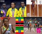 Athletics women's 5,000 m podium, Meseret Defar (Ethiopia), Vivian Cheruiyot (Kenya) and Tirunesh Dibaba (Ethiopia), London 2012