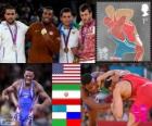 Men's freestyle 74 kg podium, Ernest Jordan Burroughs (United States), Sadegh Goudarzi (Iran), Soslan Tigiyev (Uzbekistan) and Denis Tsargush (Russia), London 2012