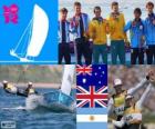 Podium sailing 470 men's, Mathew Belcher, Malcolm Page (Australia), Luke Patience and Stuart Bithell (United Kingdom) and Lucas Calabrese, Juan de la Fuente (Argentina), London 2012