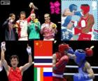 Podium boxing men's light flyweight - 49 kg, Zou Shiming (China), Kaeo Pongprayoon (Thailand), Paddy Barnes (Ireland) and David Airapetian (Russia), London 2012