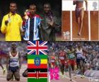 Athletics men's 5.000 m podium, Mohamed Farah (United Kingdom), Dejen Gebremeskel (Ethiopia) and Thomas Longosiwa (Kenya), London 2012
