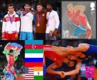 Men's wrestling freestyle 60 kg podium, Toghrul Asgarov (Azerbaijan), Besik Kudujov (Russia), Coleman Scott (United States) and Yogeshwar Dutt (India), London 2012