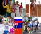 Men's 50 kilometres walk podium, Sergey Kirdyapkin (Russia), Jared Tallent (Australia) and Si Tianfeng (China), London 2012 