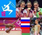 Women's rhythmic individual all-around podium, Evgenia Kanaeva, Daria Dmitrieva (Russia) and Liubov Charkashyna (Belarus), London 2012