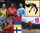 Men's javelin throw athletics podium, Keshorn Walcott (Trinidad and Tobago), Olexandr Piatnytska (Ukraine) and Antti Ruuskanen (Finland), London 2012