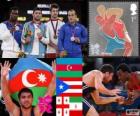 Men's freestyle Wrestling 84 kg podium, Sharif Sharifov (Azerbaijan), Jaime Espinal (Puerto Rico), Dato Marsagishvili (Georgia) and Ehsan Lashgari (Iran), London 2012