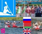 Men's canoe sprint K2 200 m podium, Yury Postrigay, Alexander Dyachenko (Russia), Raman Piatrushenka, Vadzim Makhneu (Belarus) and Liam Heath, Jon Schofield (United Kingdom), London 2012