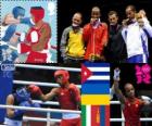 Men's lightweight boxing podium, Roniel Iglesias (Cuba), Denys Berinchyk (Ukraine), Vincenzo Mangiacapre (Italy) and Uranchimegiin Jano-Erdene (Mongolia), London 2012