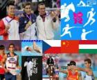 Modern pentathlon men's podium, David Svoboda (Czech Republic), Cao Zhongrong (China) and Ádám Marosi (Hungary), London 2012