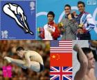 Men's 10 m platform diving podium, David Boudia (United States), Qiu Bo (China) and Thomas Daley (United Kingdom), London 2012