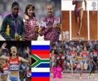 Women's 800 m athletics podium, Mariya Savinova (Russia), Caster Semenya (South Africa) and Ekaterina Poistogova (Russia), London 2012