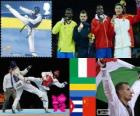 Men's over 80 kg taekwondo podium, Carlo Molfetta (Italy), Anthony Obame (Gabon), Robelis Despaigne (Cuba) and Liu Xiaobo (China), London 2012