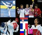 Podium taekwondo women's over 67 kg, Milica Mandić (Serbia), Anne-Caroline Graffe (France), Anastasia Baryshnikova (Russia) and María de el Rosario Espinoza (Mexico), London 2012