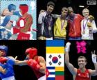 Podium boxing lightweight - 60 kg male, Vasyl Lomachenko (Ukraine), Han Soon-Chul (South Korea), Yasniel Toledo (Cuba) and Evaldas Petrauskas (Lithuania) - London 2012 -