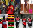 Athletics men's marathon podium, Stephen Kiprotich (Uganda), Abel Kirui and Wilson Kiprotich (Kenya), London 2012