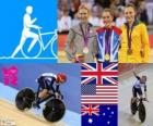 Podium cycling track women's omnium, Laura Trott (United Kingdom), Sarah Hammer (United States) and Annette Edmonson (Australia), London 2012