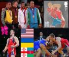 Podium freestyle 96 kg men's, Jake Varner (United States), Valerii Andriitsev (Ukraine), Giorgi Gogshelidze (Georgia) and Xetag Gazyumov (Azerbaijan), London 2012