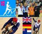 Men's Keirin track cycling podium, Chris Hoy (United Kingdom), Maximilian Levy (Germany), Simon van Velthooven (New Zealand) and Teun Mulder (Netherlands), London 2012