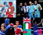 Men's super heavyweight boxing podium, Anthony Joshua (United Kingdom), Roberto Cammarelle (Italy), Magomedrasul Majidov (Azerbaijan) and Ivan Dychko (Kazakhstan), London 2012