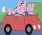 Peppa Pig with her family in the car: Daddy Pig, Mummy Pig and George Pig, her young brother
