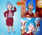 Bessie Busybody from LazyTown talking on her cell phone