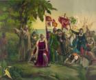 Christopher Columbus with the sword takes possession of new lands