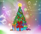 Drawing of a Christmas tree, decorated and gifts