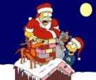 Homer and Bart Simpson help Santa Claus with gifts
