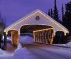 Covered bridge decorated for Christmas