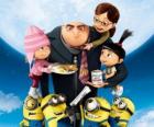 The protagonists of the movie Despicable Me. The supervillain Gru and the Minions; and Margo, Edith and Agnes, three orphaned girls