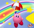 Kirby with an umbrella flying among the stars and the rainbow