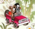 Krtek the Little Mole driving a jeep along with the little mouse