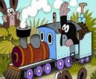 Krtek, the mole in a steam locomotive