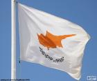 The flag of Cyprus, shows a whole map of the island and two branches of olive trees, on a white background