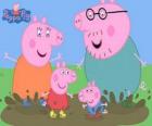 The Pig family playing with the puddles