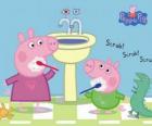Peppa Pig and George Pig washing teeth