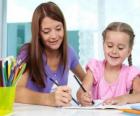 Girl playing to paint with her mother