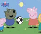 Peppa Pig playing the ball with his friends
