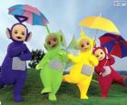 The four Teletubbies with their umbrellas open