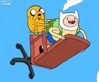 Finn and Jake flying on an Office Chair