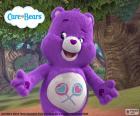 The Care Bear Share Bear, is purple and two heart-shaped lollipops in the belly