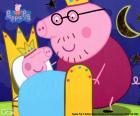 Peppa Pig sleeping in his bed, in the company of his father