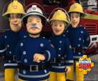 Four firefighters of Pontypandy, Station Officer Steele, Fireman Sam, Penny Morris and Elvis Cridlington