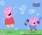 Peppa Pig and George Pig playing with the soap bubbles