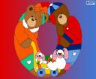 Two young bears with their toys forming the letter O