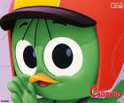 Valeriano is the best friend of Calimero, a chick with red motorcycle helmet