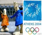 Logo and the mascots of the Athens 2004 Olympic Games, Athena and Phevos, where participated 10625 athletes from 201 countries
