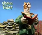 The farmer with a book. He is the owner of the farm where live Shaun and his flock of sheep